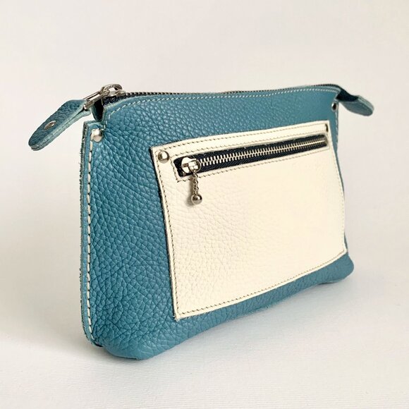 Roots Leather Zipper Clutch Purse Travel Mini Bag Blue White Vacation Boho Chic - Picture 14 of 15